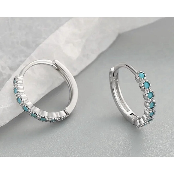 NEW Unisex Men’s Turquoise White Gold Plated S925 Silver Hoop‎ Earrings, 9mm - Picture 10 of 10